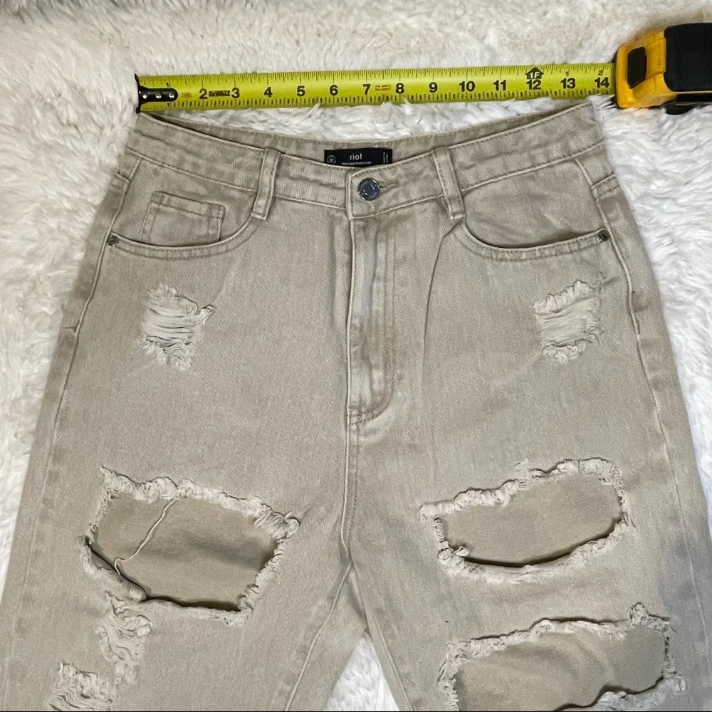 Missguided Tan Distressed Riot High Rise Mom Jeans. Size US 6.